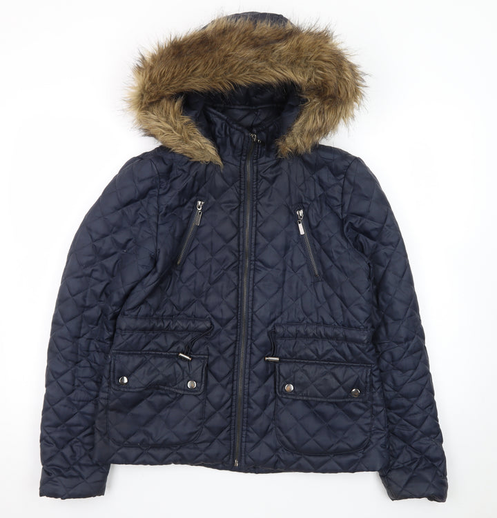 New Look Womens Blue Quilted Hooded Faux Fur Trim Jacket UK 12