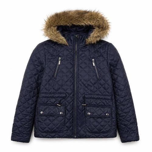 New Look Womens Blue Quilted Hooded Faux Fur Trim Jacket UK 12