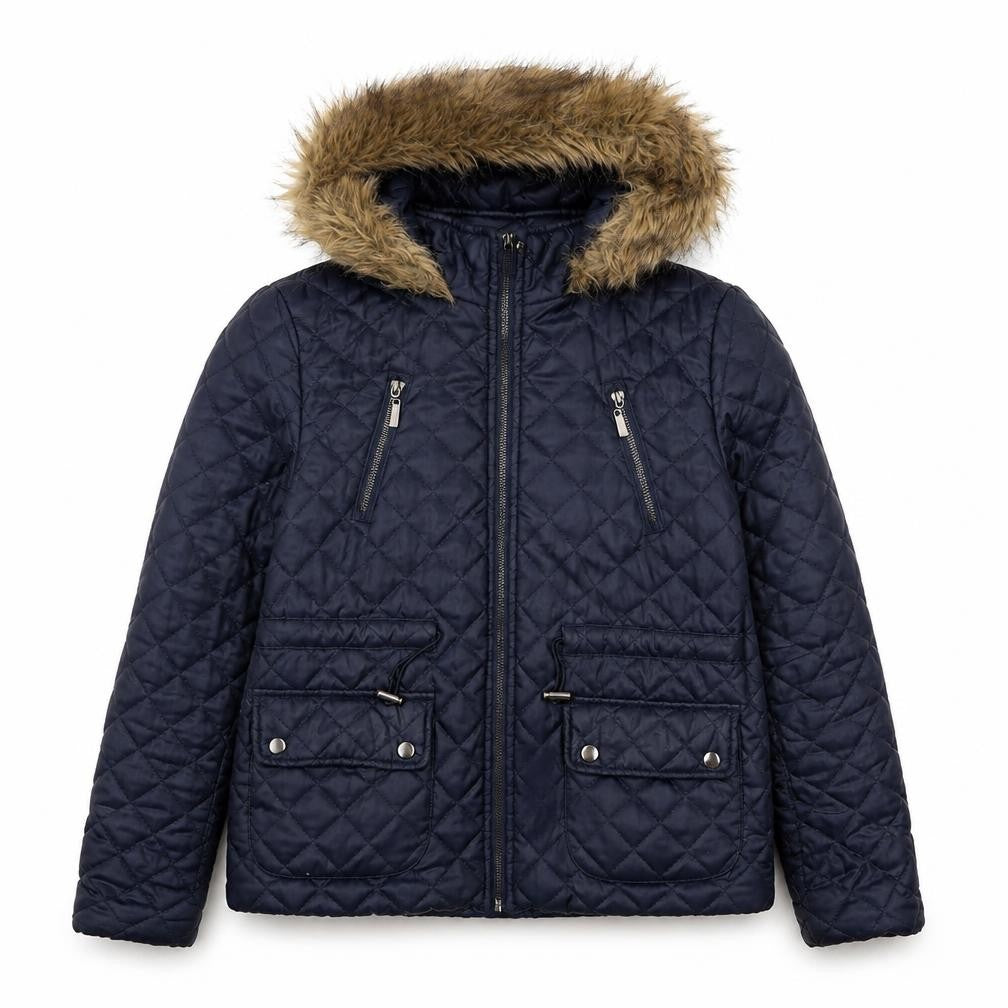 New Look Womens Blue Quilted Hooded Faux Fur Trim Jacket UK 12