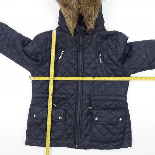 New Look Womens Blue Quilted Hooded Faux Fur Trim Jacket UK 12
