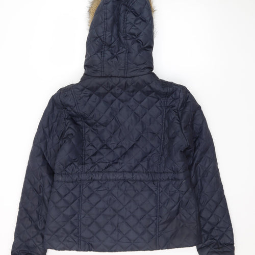New Look Womens Blue Quilted Hooded Faux Fur Trim Jacket UK 12