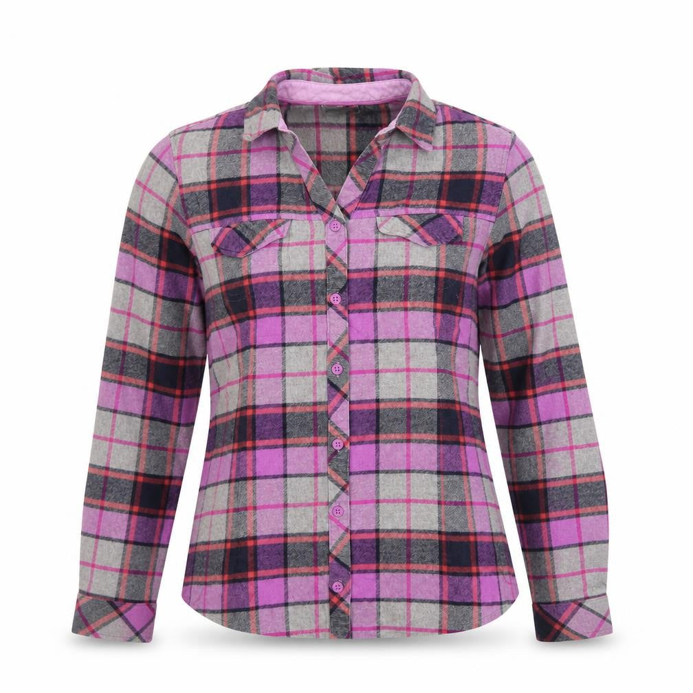 Front view of Columbia women’s multicoloured small flannel check long sleeve button-up shirt