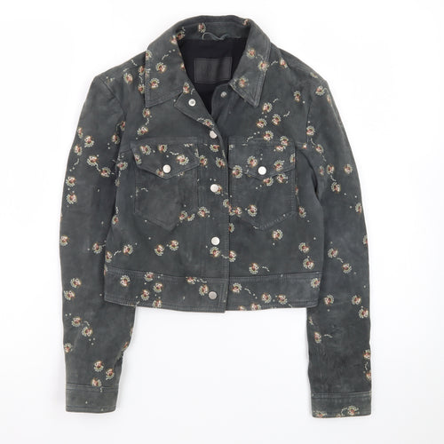 AllSaints Womens Grey Floral Lamb Leather Cropped Biker Jacket Size 6