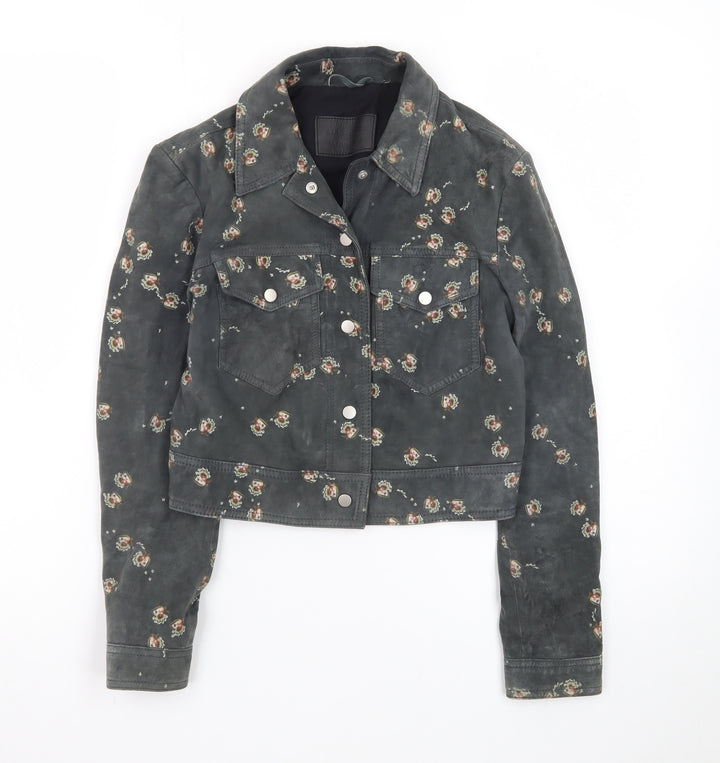 AllSaints Womens Grey Floral Lamb Leather Cropped Biker Jacket Size 6