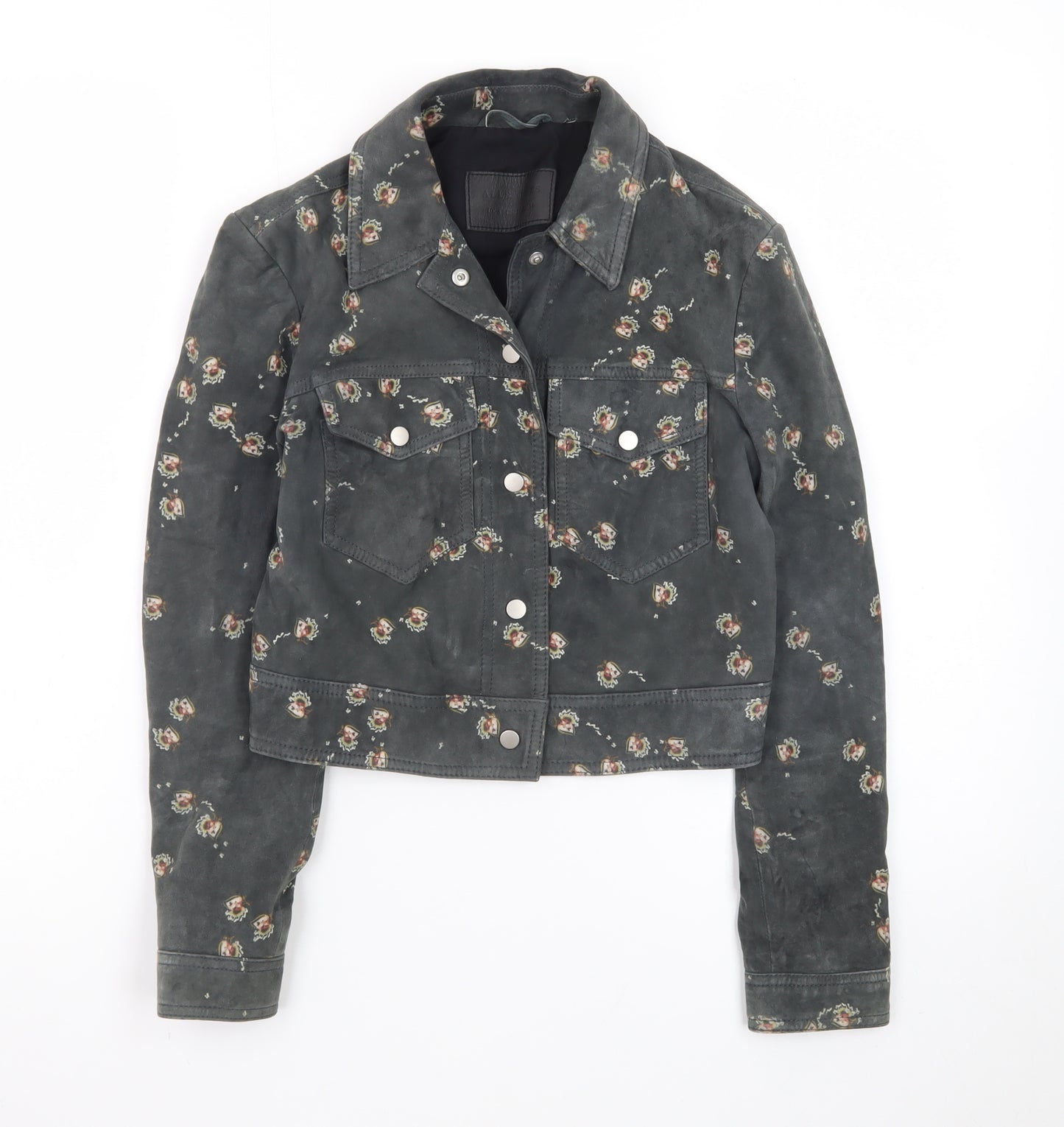 AllSaints Womens Grey Floral Lamb Leather Cropped Biker Jacket Size 6