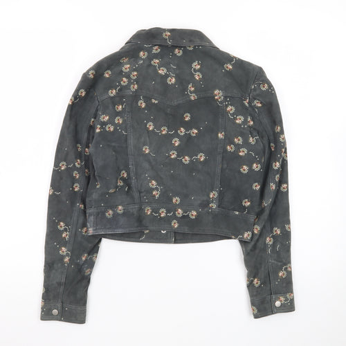 AllSaints Womens Grey Floral Lamb Leather Cropped Biker Jacket Size 6