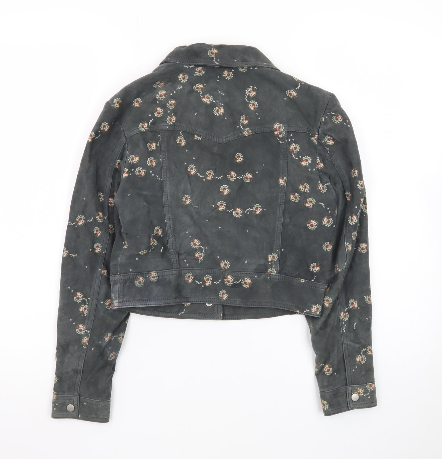 AllSaints Womens Grey Floral Lamb Leather Cropped Biker Jacket Size 6