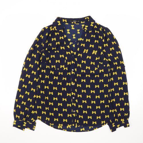 Oasis Women's Blue Bow Print Long Sleeve Blouse Size 10
