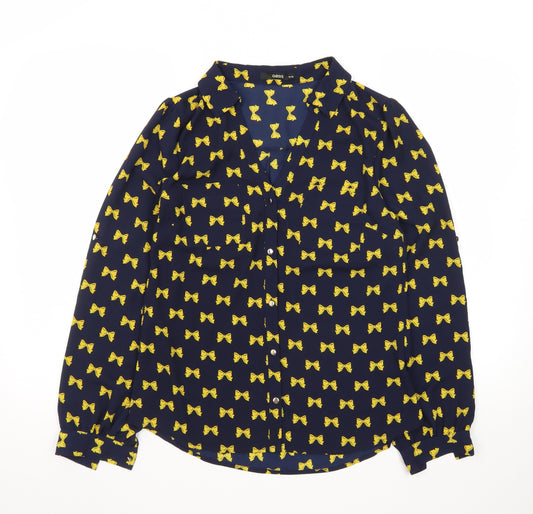 Oasis Women's Blue Bow Print Long Sleeve Blouse Size 10