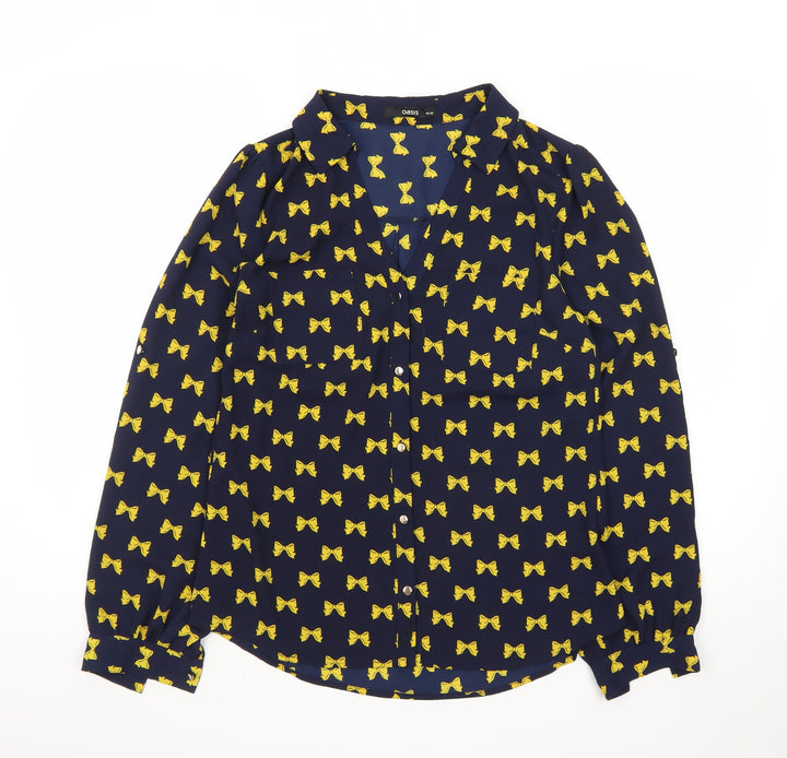 Oasis Women's Blue Bow Print Long Sleeve Blouse Size 10