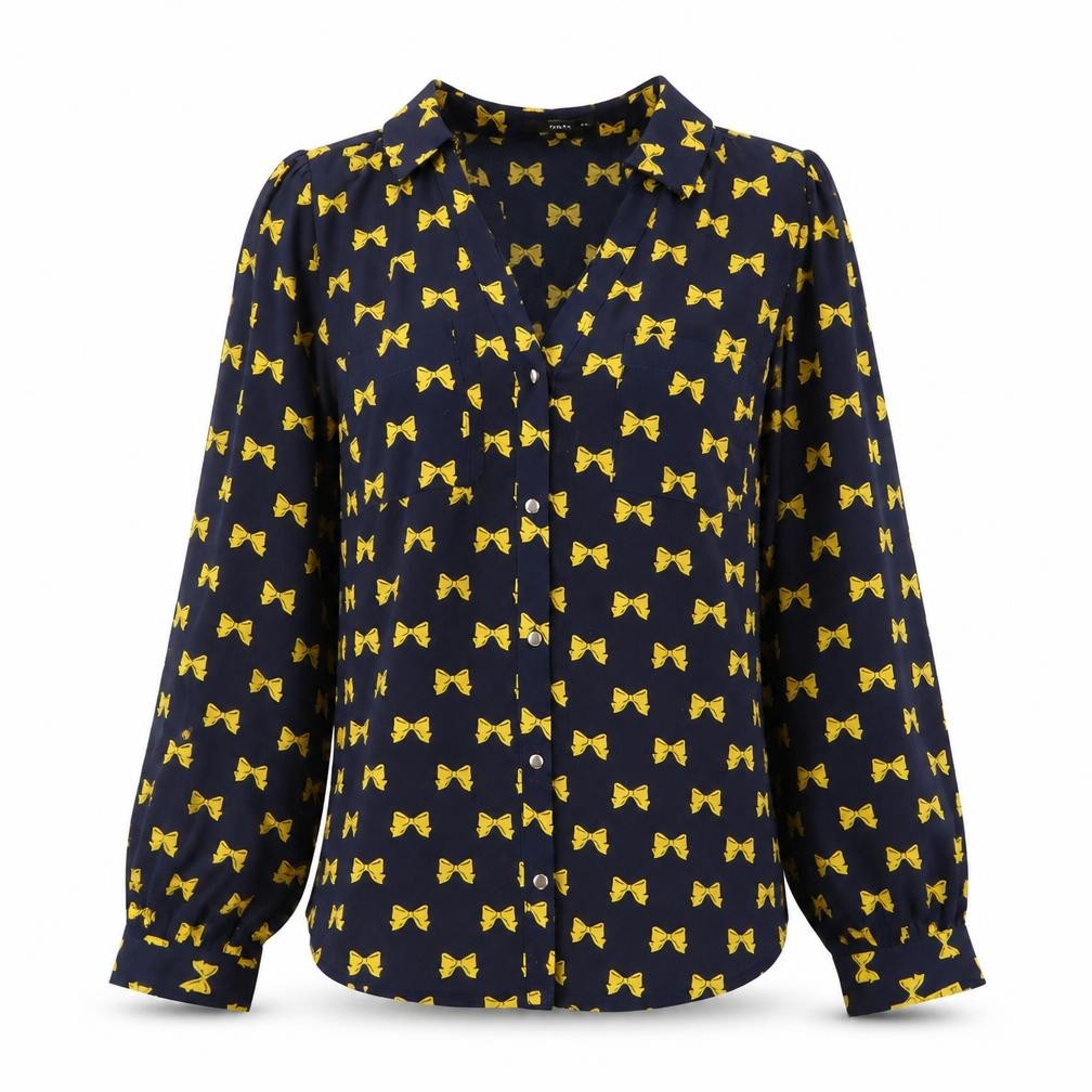 Oasis Women's Blue Bow Print Long Sleeve Blouse Size 10