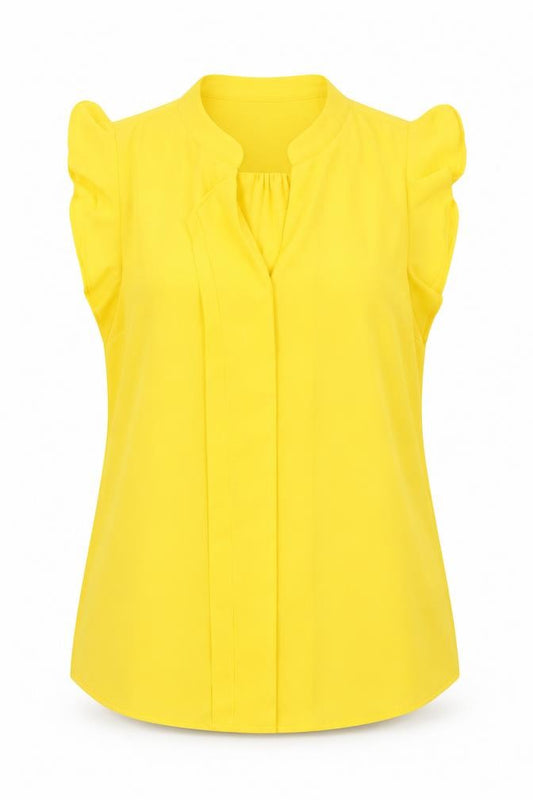 Front view of Oasis Women's Yellow Ruffle Sleeve V-Neck Blouse, size 10