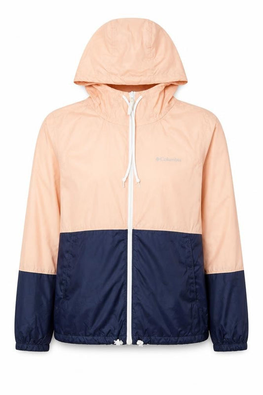 Front view of Columbia Women's Pink and Navy Lightweight Hooded Windbreaker Jacket, size S
