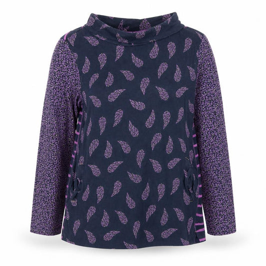 Front view of White Stuff women’s blue purple paisley roll neck tunic top, size UK 14