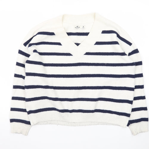 Hollister Women's White Navy Striped V-Neck Knit Jumper M