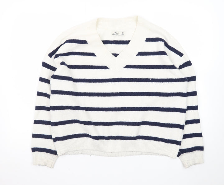 Hollister Women's White Navy Striped V-Neck Knit Jumper M