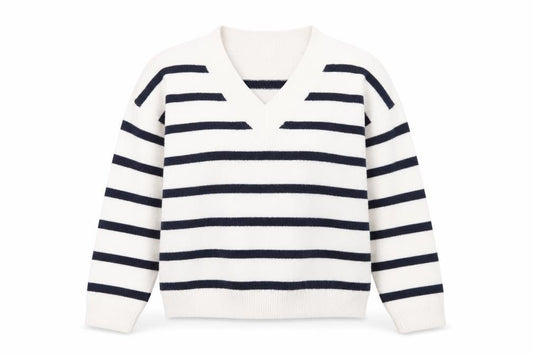 Front view of Hollister Women's White Navy Striped V-Neck Knit Jumper M