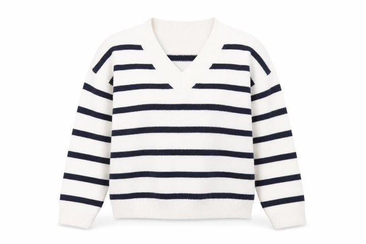 Hollister Women's White Navy Striped V-Neck Knit Jumper M