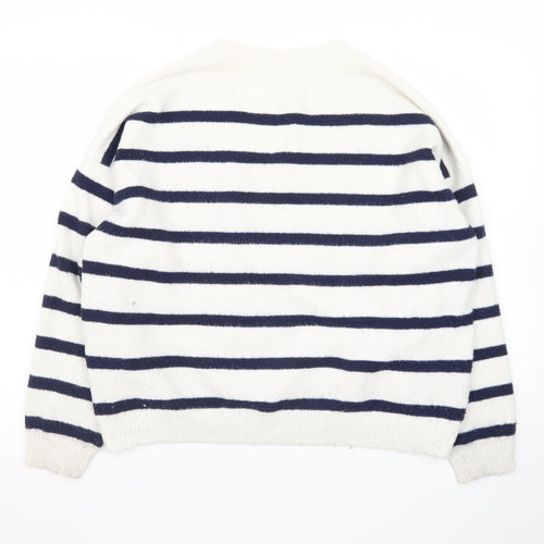Hollister Women's White Navy Striped V-Neck Knit Jumper M