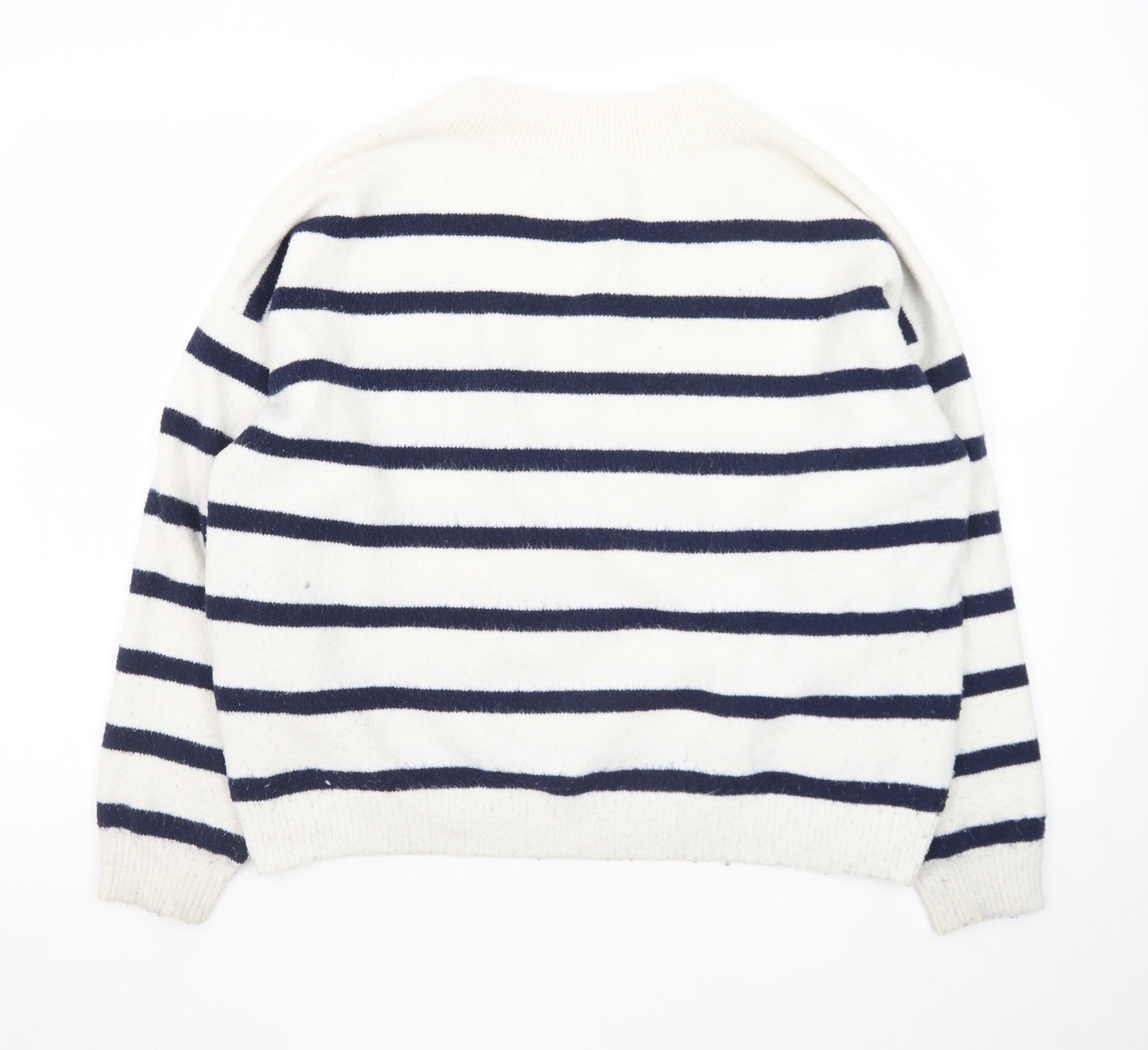 Hollister Women's White Navy Striped V-Neck Knit Jumper M