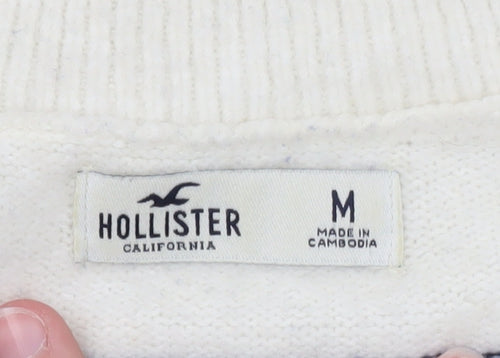 Hollister Women's White Navy Striped V-Neck Knit Jumper M