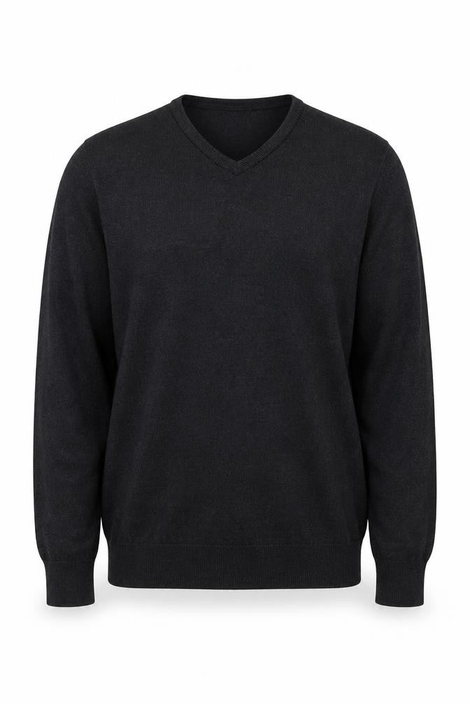 Front view of Simon Carter Men’s Black Wool Acrylic V-Neck Jumper, size L