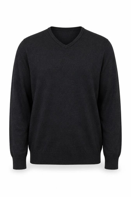 Front view of Simon Carter Men’s Black Wool Acrylic V-Neck Jumper, size L