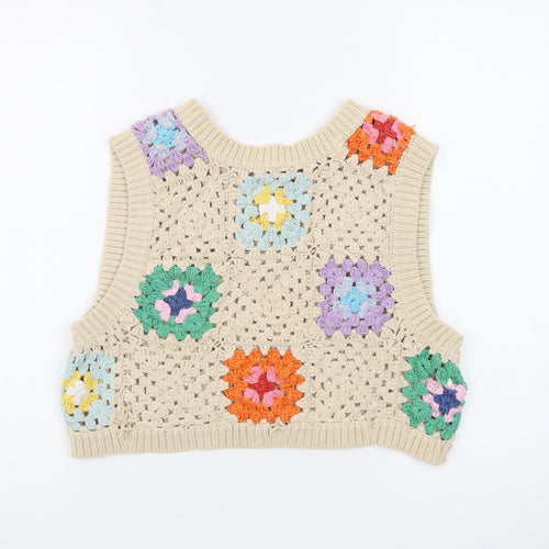 Stradivarius Women’s Beige Crochet Boho Vest Size 10 Sleeveless Top