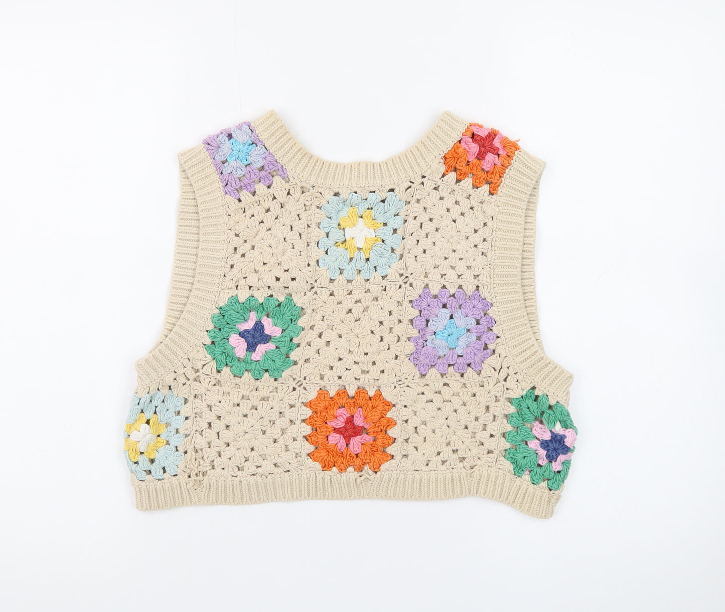 Stradivarius Women’s Beige Crochet Boho Vest Size 10 Sleeveless Top