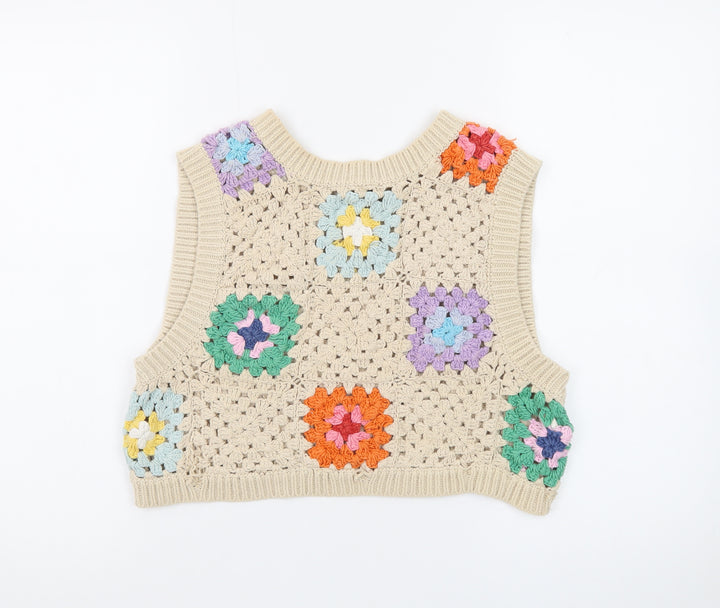 Stradivarius Women’s Beige Crochet Boho Vest Size 10 Sleeveless Top