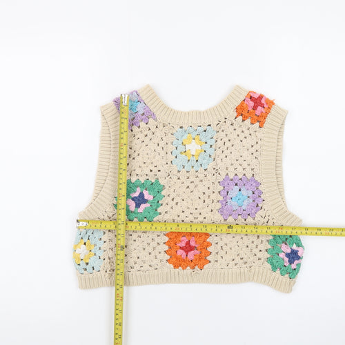 Stradivarius Women’s Beige Crochet Boho Vest Size 10 Sleeveless Top