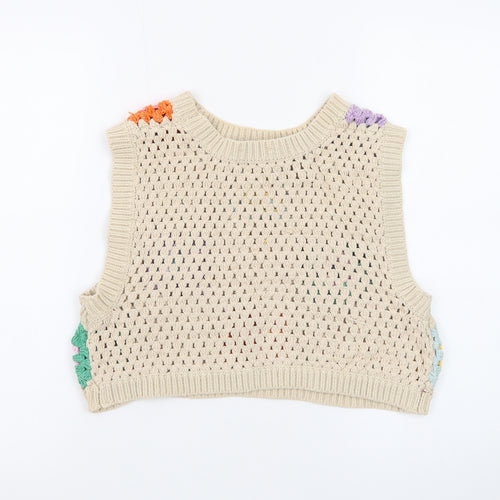 Stradivarius Women’s Beige Crochet Boho Vest Size 10 Sleeveless Top