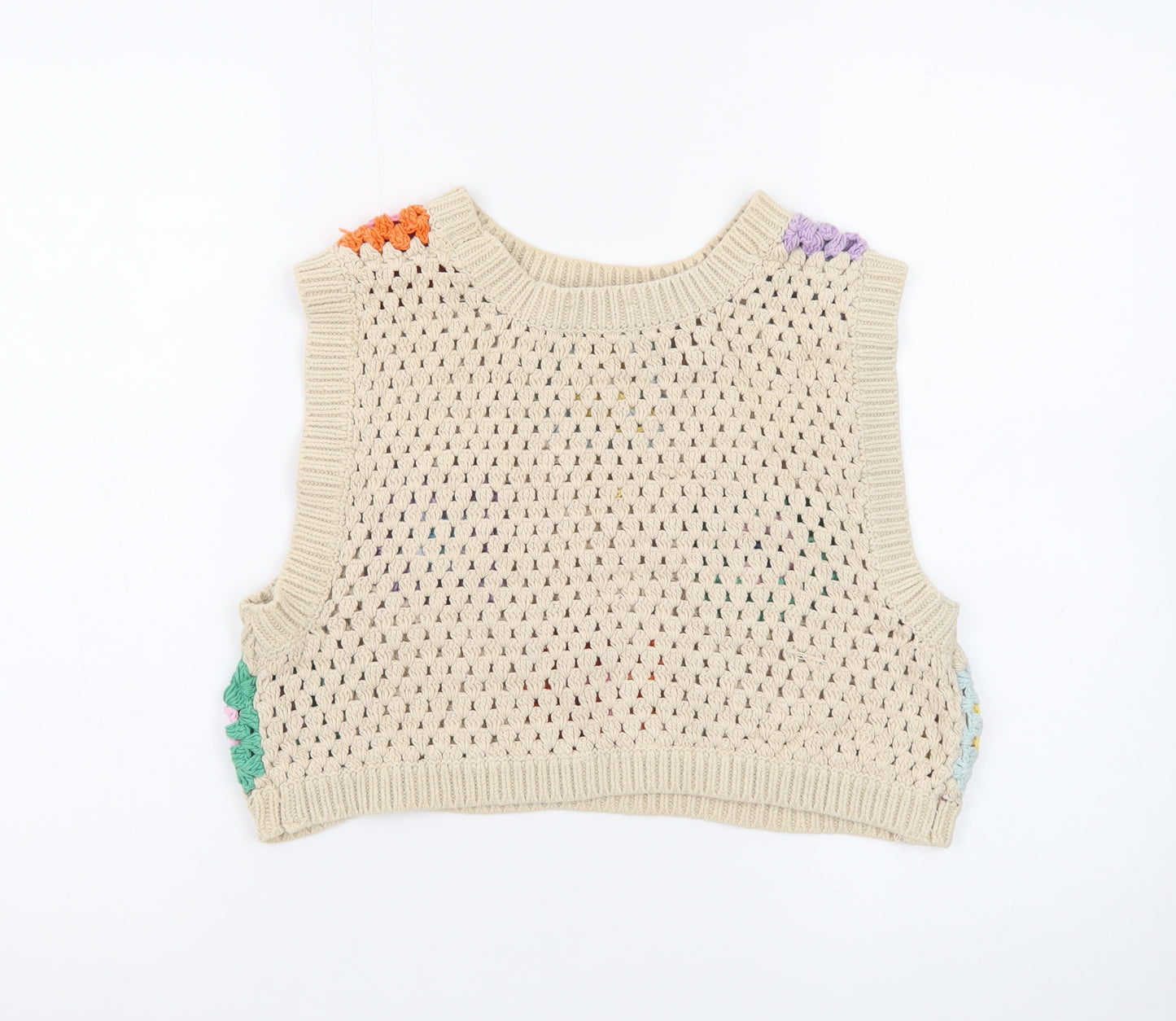 Stradivarius Women’s Beige Crochet Boho Vest Size 10 Sleeveless Top