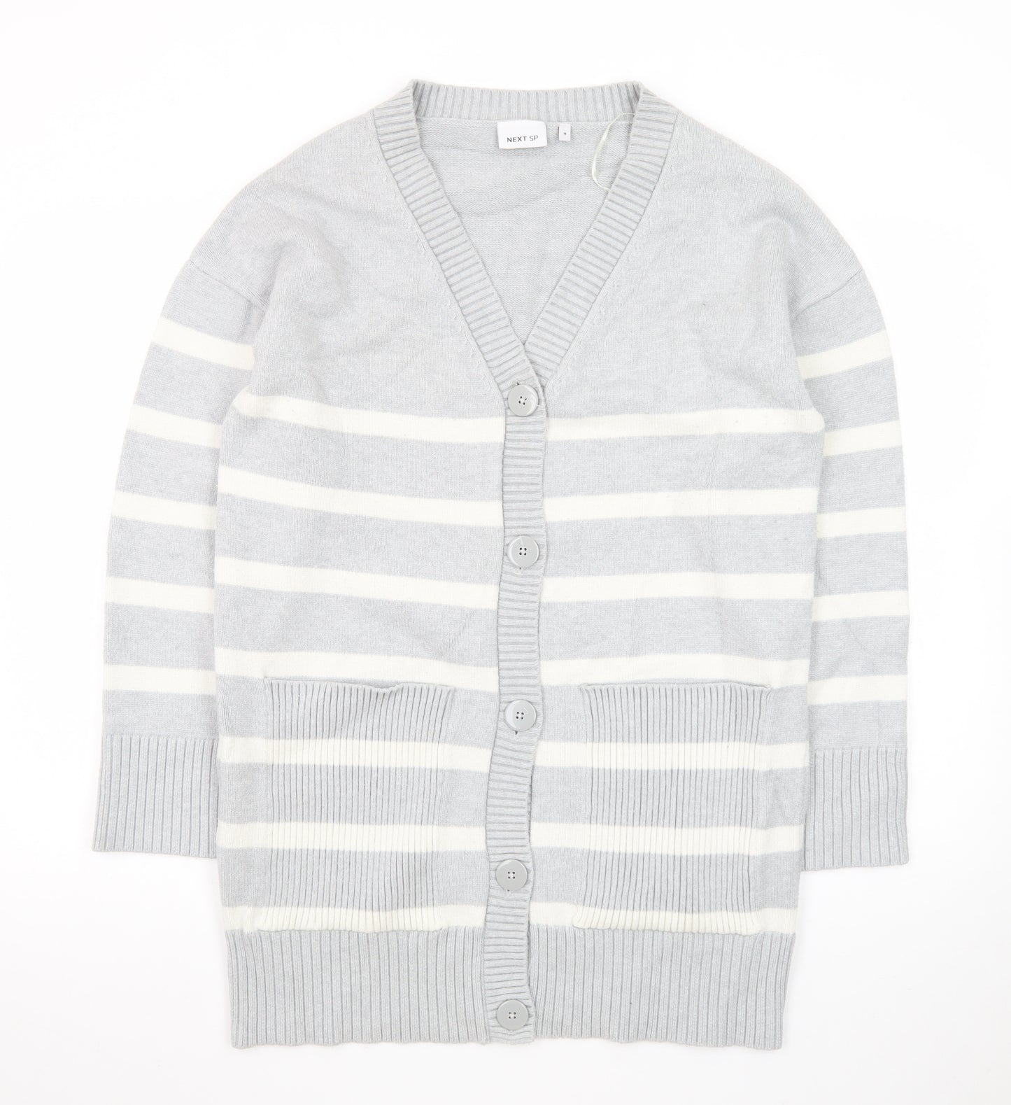Next Women’s Grey Striped Cardigan Size M V-Neck Knit