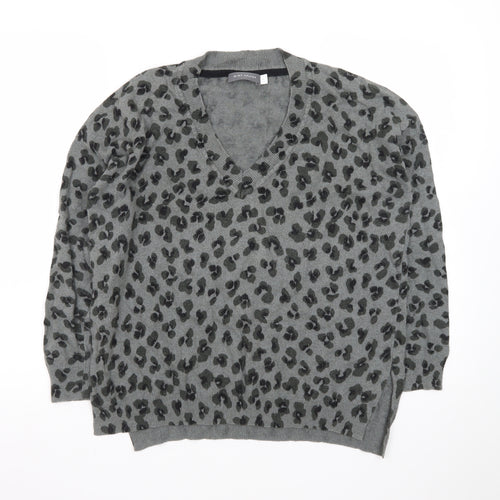 Mint Velvet Women’s Grey Leopard Print Wool Cashmere V-Neck Jumper Size S