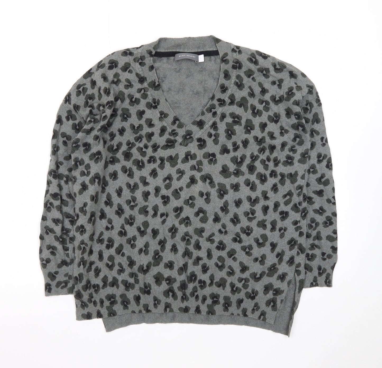 Mint Velvet Women’s Grey Leopard Print Wool Cashmere V-Neck Jumper Size S