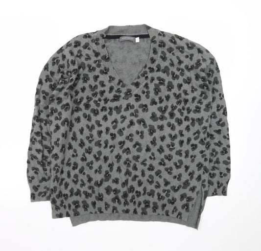 Mint Velvet Women’s Grey Leopard Print Wool Cashmere V-Neck Jumper Size S