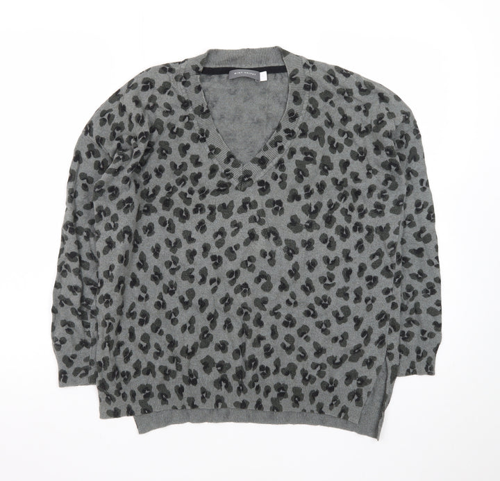 Mint Velvet Women’s Grey Leopard Print Wool Cashmere V-Neck Jumper Size S