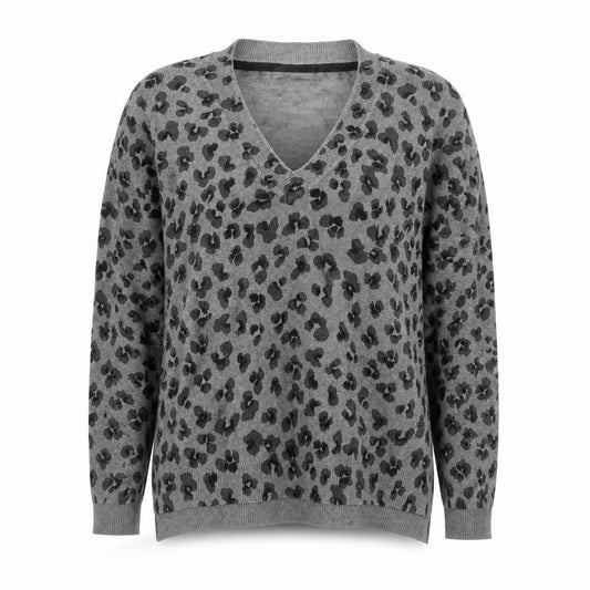 Front view of Mint Velvet Women’s Grey Leopard Print Wool Cashmere V-Neck Jumper, size S