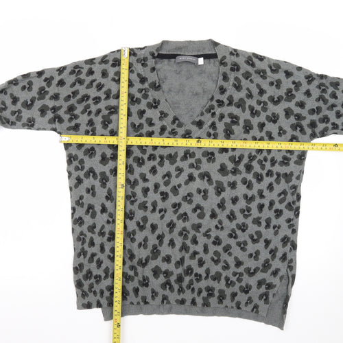 Mint Velvet Women’s Grey Leopard Print Wool Cashmere V-Neck Jumper Size S