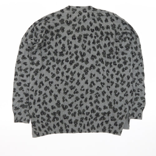 Mint Velvet Women’s Grey Leopard Print Wool Cashmere V-Neck Jumper Size S
