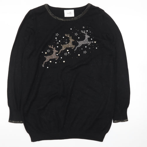 Wallis Women’s Black Petite Christmas Jumper M Rhinestone Reindeer