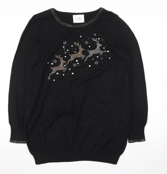 Wallis Women’s Black Petite Christmas Jumper M Rhinestone Reindeer