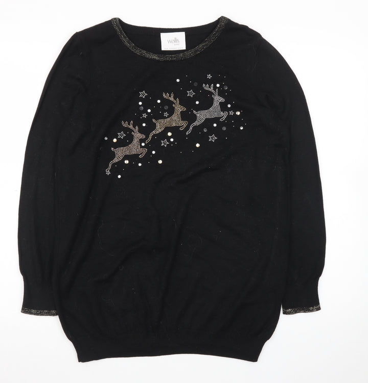Wallis Women’s Black Petite Christmas Jumper M Rhinestone Reindeer