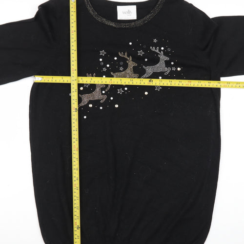 Wallis Women’s Black Petite Christmas Jumper M Rhinestone Reindeer