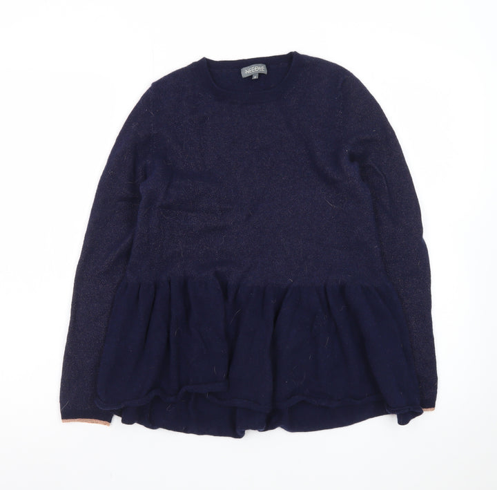 Needle Womens Blue Wool Ruffle Hem Long Sleeve Jumper M