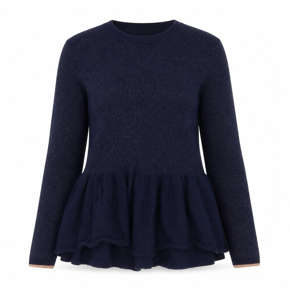 Front view of Needle women’s blue wool ruffle hem long sleeve jumper m