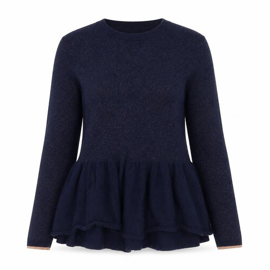 Front view of Needle women’s blue wool ruffle hem long sleeve jumper m
