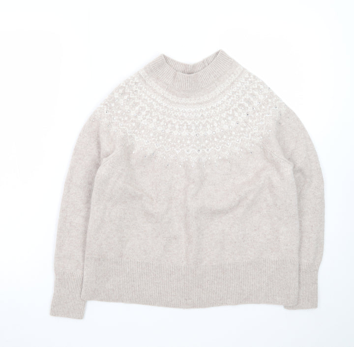 The White Company Women Beige Fair Isle Wool Cashmere Pullover Jumper M