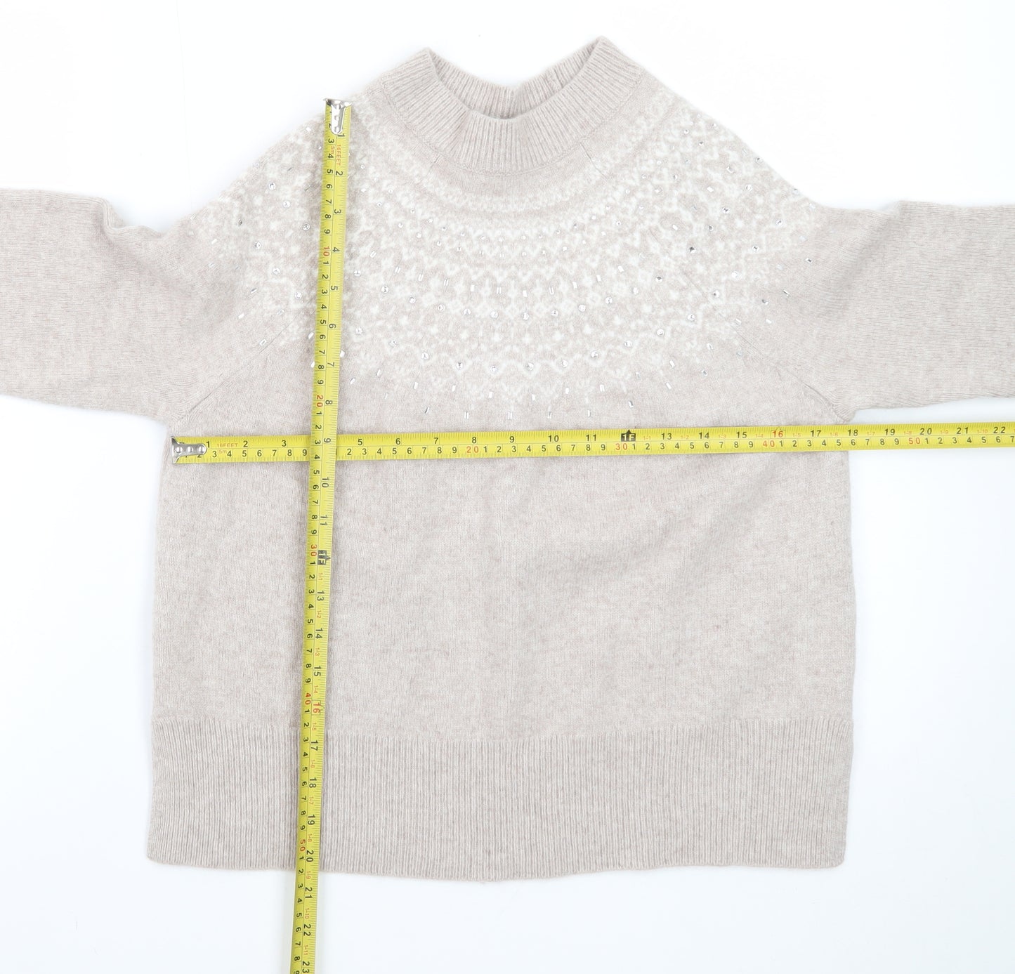 The White Company Women Beige Fair Isle Wool Cashmere Pullover Jumper M